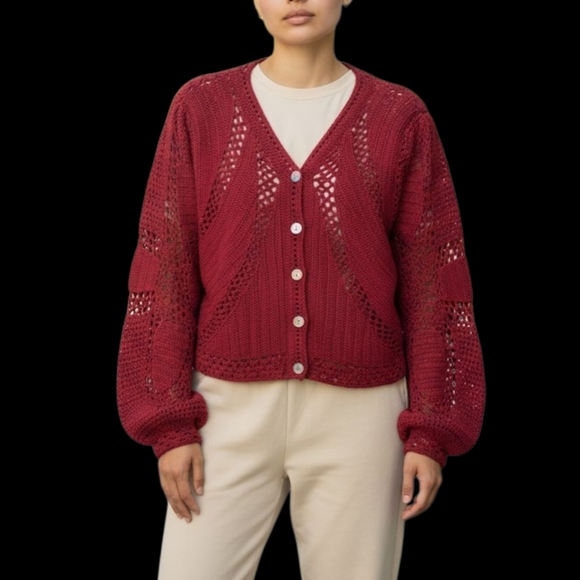 Farm Rio Handmade Crochet Dark Red Long Sleeve Cropped Sweater Women Size Medium - Picture 3 of 16